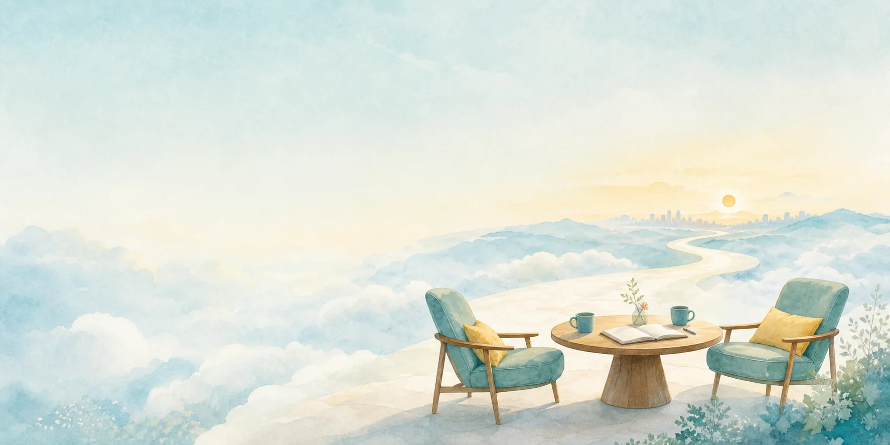 二つの椅子と一つの机が、会話を待っている空の風景
