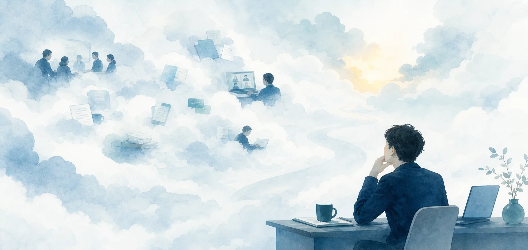仕事の記憶が雲の中に薄れていく一週間のイメージ